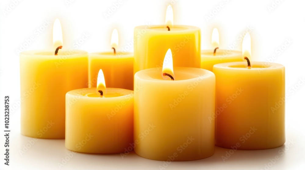 A set of softly flickering pillar candles glowing on a clean white background A set of softly flickering pillar candles glowing on a clean white background