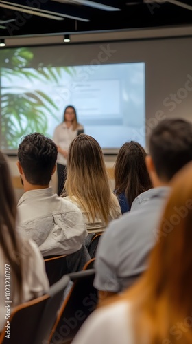 A photograph of an audience at the front and side view from behind, watching someone giving a presentation on stage in a conference hall