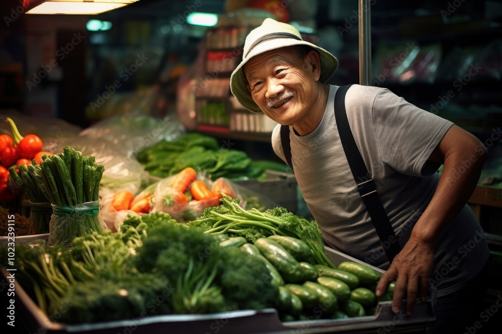 Fototapeta premium Korean man market vegetable adult.