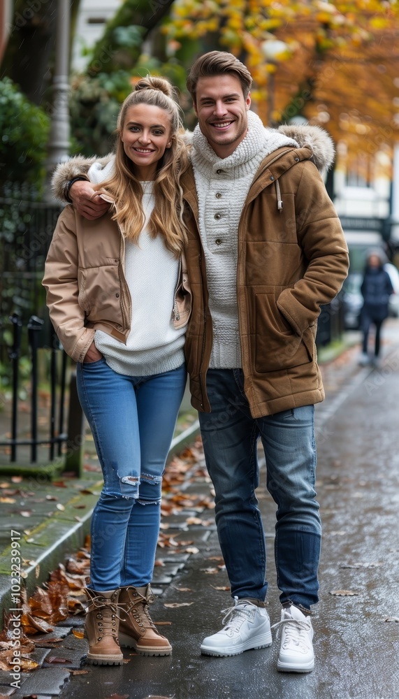 Joyful couple celebrates in front of their recently acquired dream home together Joyful couple celebrates in front of their recently acquired dream home together