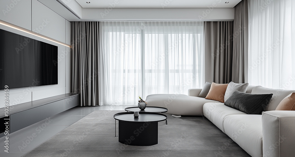 minimalist living room, white walls and grey curtains, sofa with black coffee table in front of the wall minimalist living room, white walls and grey curtains, sofa with black coffee table in front of the wall