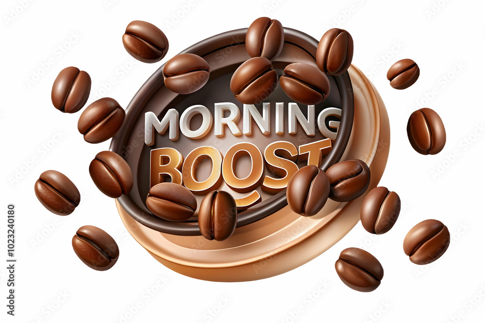 Floating Coffee Beans in Spiral with Morning Boost Text - Dynamic Vector for Energy and Freshness in Morning Beverage Presentations | Photo Stock Concept Floating Coffee Beans in Spiral with Morning Boost Text - Dynamic Vector for Energy and Freshness in Morning Beverage Presentations | Photo Stock Concept