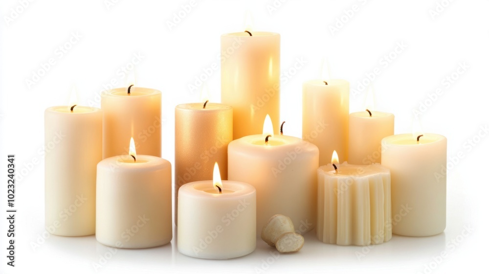 Group of illuminated pillar candles burning brightly on a clean white background Group of illuminated pillar candles burning brightly on a clean white background