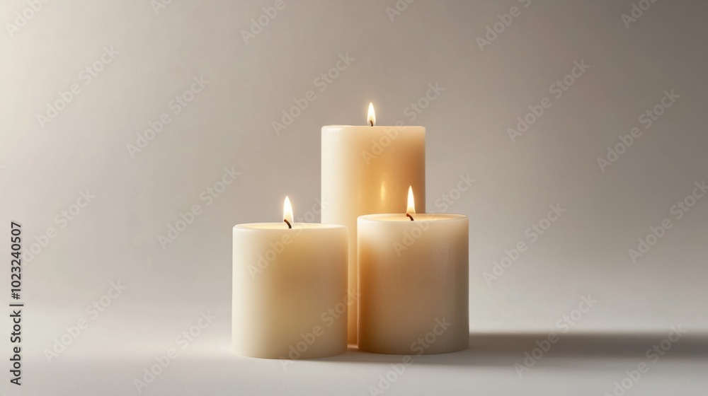 Group of illuminated pillar candles burning softly on a clean white backdrop Group of illuminated pillar candles burning softly on a clean white backdrop