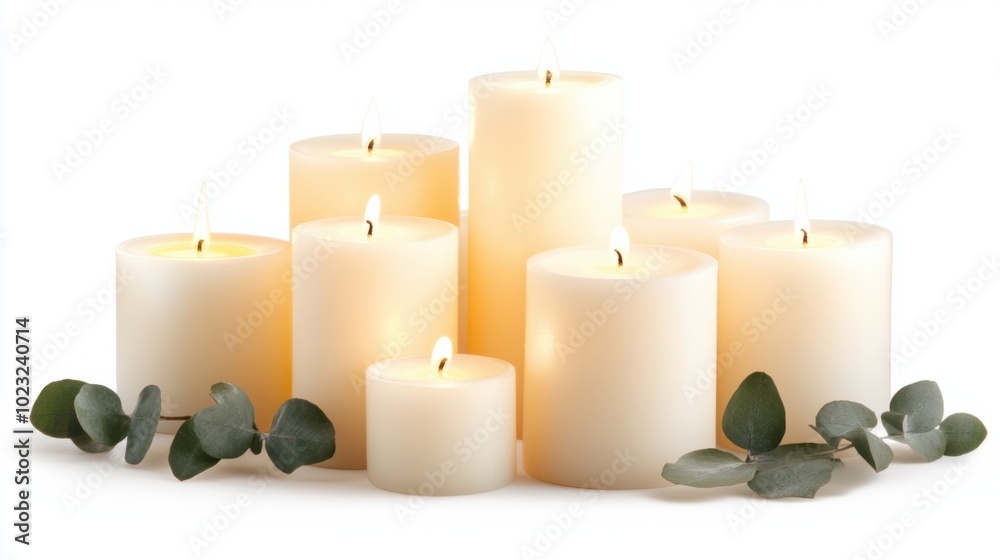 Group of illuminated pillar candles glowing brightly on a blank white background Group of illuminated pillar candles glowing brightly on a blank white background