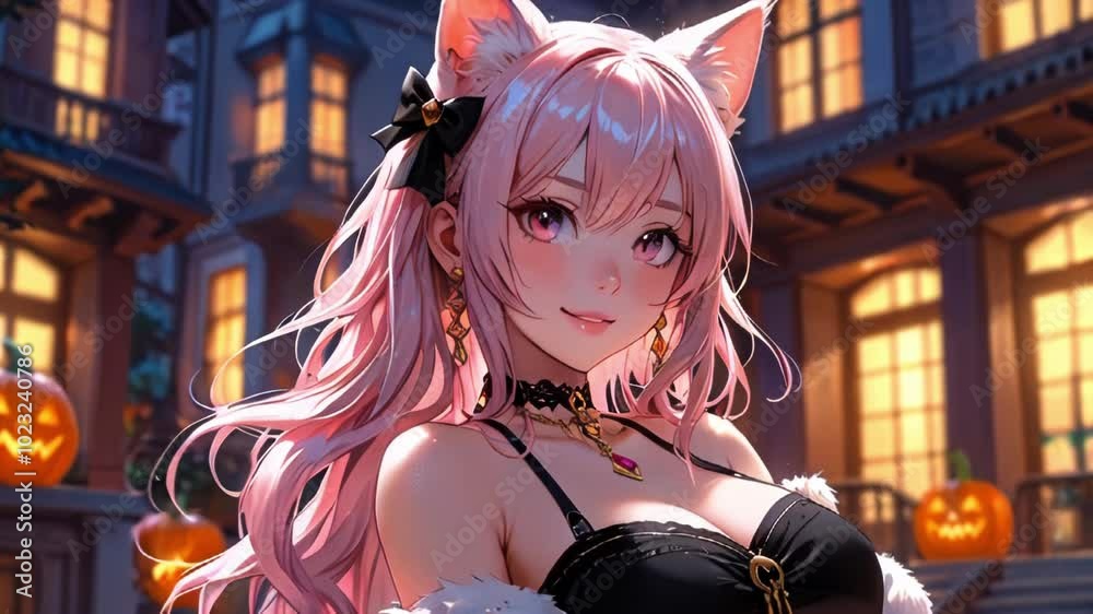Cute anime girl with long pink hair and cat ears, music background, loop animations.