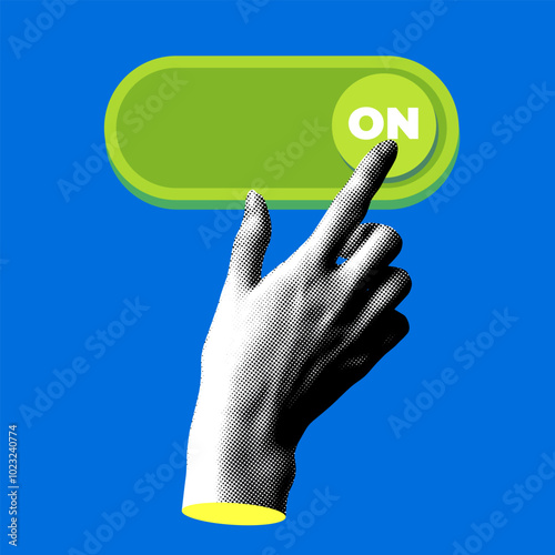 Modern collage with halftone hand push setting button switch to on position. Slider bar. Start or begin business