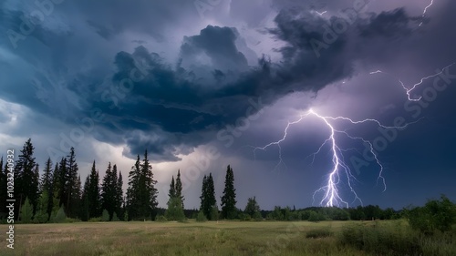 Massive storm with dark clouds and lightning above green grass