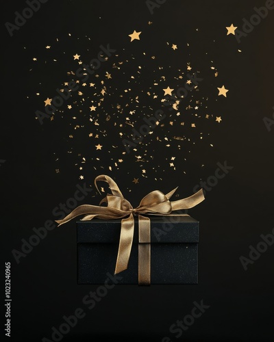 A black gift box with golden ribbon and stars floating mid-air, dark background with spacious empty space on top