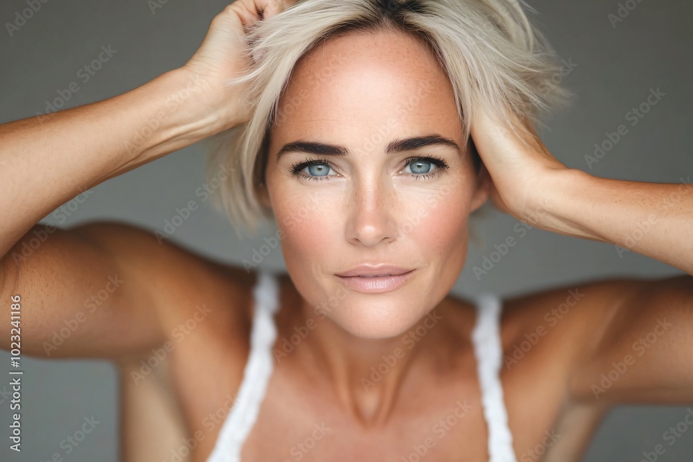 Close Up Portrait Of A Beautiful Middle Aged Woman With Short Blond Hair Close Up Portrait Of A Beautiful Middle Aged Woman With Short Blond Hair