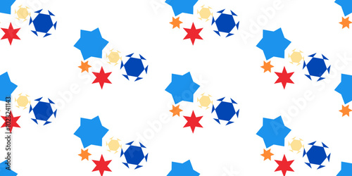 A seamless pattern of colorful geometric stars in red, blue, and orange on a white background. Different shapes in a playful arrangement, perfect for wrapping paper, textiles or digital art projects.