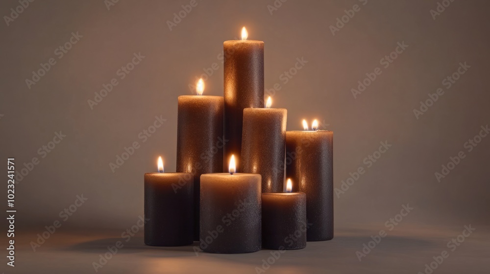 Group of tall pillar candles with flickering flames isolated on a plain white background Group of tall pillar candles with flickering flames isolated on a plain white background