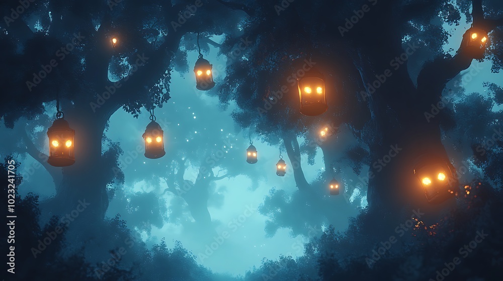 A spooky cartoon-style forest scene with twisted trees and floating lanterns casting a soft glow. Pairs of glowing eyes can be seen between the branches, and wisps of mist drift along the ground, A spooky cartoon-style forest scene with twisted trees and floating lanterns casting a soft glow. Pairs of glowing eyes can be seen between the branches, and wisps of mist drift along the ground,