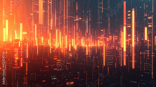 Wallpaper Mural Abstract Digital Glitch Cityscape with Red and Orange Neon Lights Torontodigital.ca