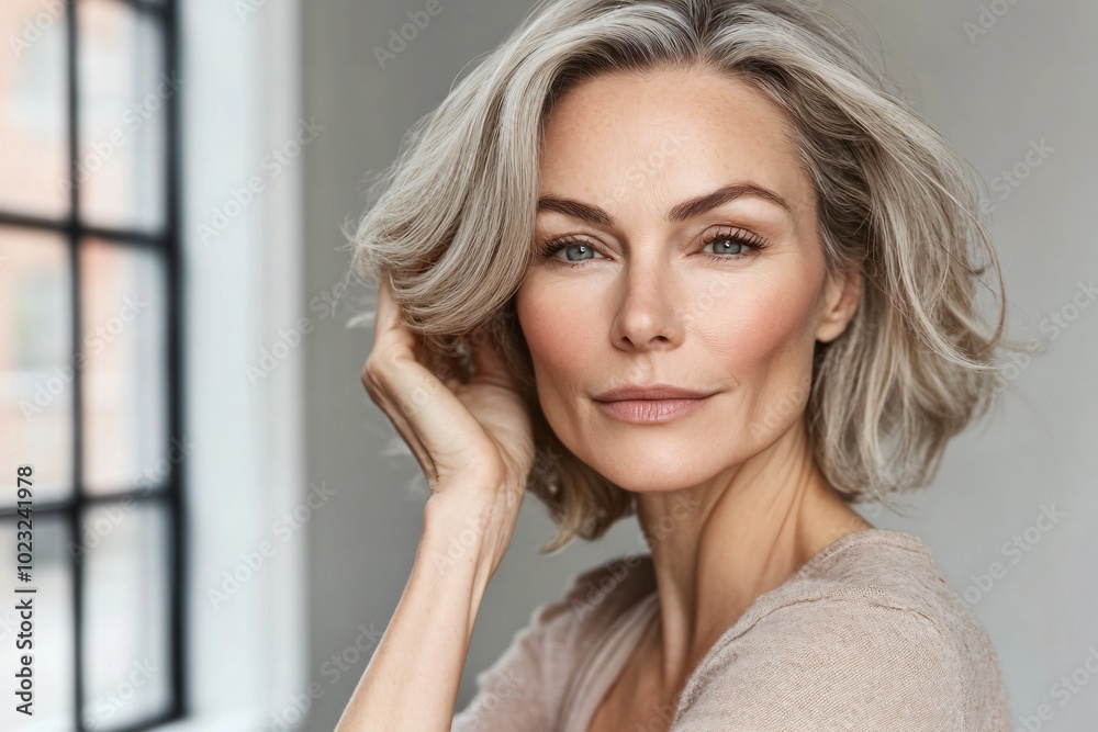 Close Up Portrait Of A Beautiful Middle Aged Woman With Short Blond Hair Close Up Portrait Of A Beautiful Middle Aged Woman With Short Blond Hair