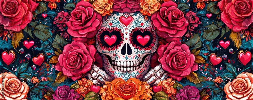 A vibrant floral skull design featuring roses and hearts, symbolizing love and remembrance in a colorful, artistic style. A vibrant floral skull design featuring roses and hearts, symbolizing love and remembrance in a colorful, artistic style.