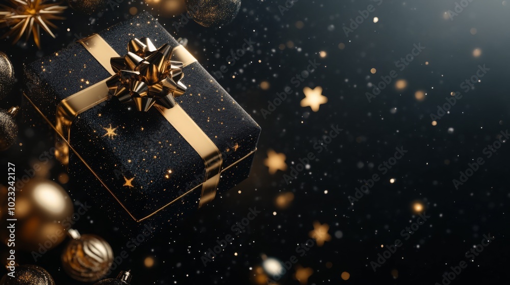 A floating black and gold gift box, golden stars and ornaments around, dark background with space on the right A floating black and gold gift box, golden stars and ornaments around, dark background with space on the right