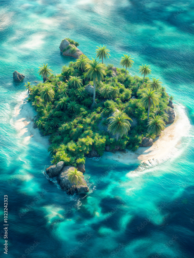 Φωτογραφία Aerial view looking down onto a beautiful tropical paradise island covered in pa