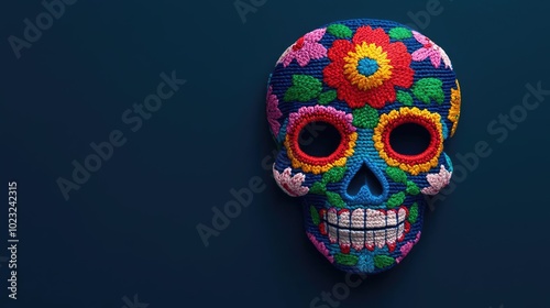 Colorful decorative skull with intricate floral patterns on a dark background, symbolizing the Day of the Dead celebration.