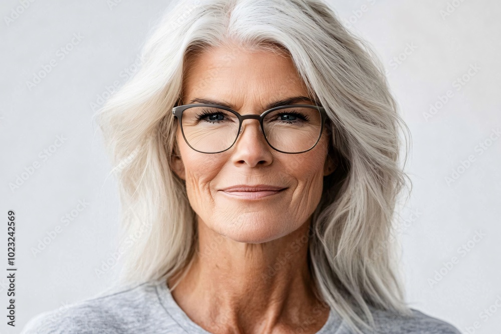 Close Up Portrait Of Smiling Senior Woman Wearing Eyeglasses Standing Isolated Over White Background Close Up Portrait Of Smiling Senior Woman Wearing Eyeglasses Standing Isolated Over White Background