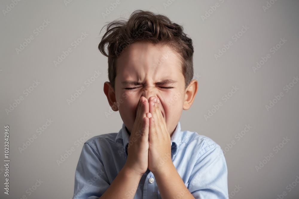 A young boy is praying while holding his nose A young boy is praying while holding his nose
