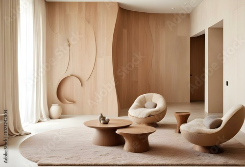A minimalist living room with earthy tones and organic shapes . The room features a large wooden wall.