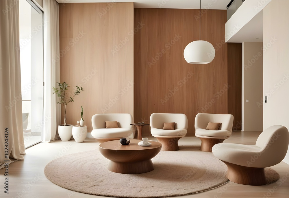 A minimalist living room with earthy tones and organic shapes . The room features a large wooden wall. A minimalist living room with earthy tones and organic shapes . The room features a large wooden wall.