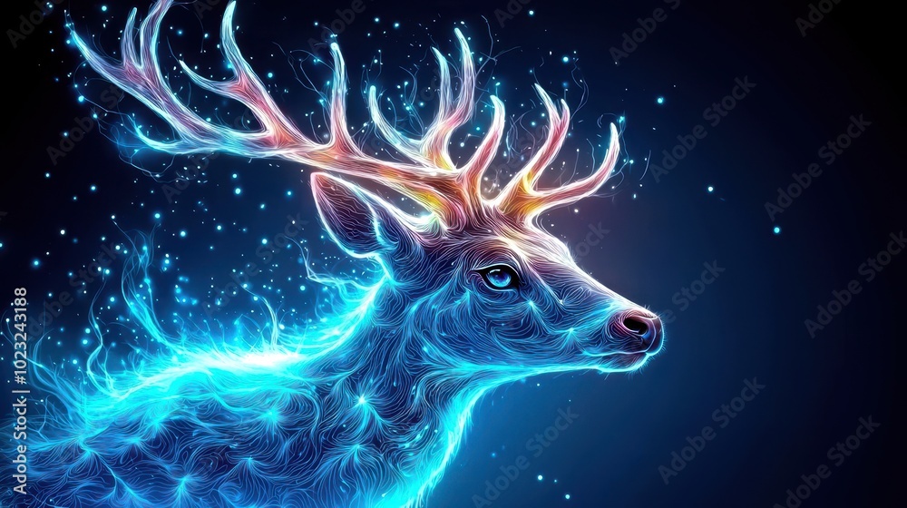 Fototapeta premium Majestic deer with glowing antlers in a mystical blue setting against dark background.
