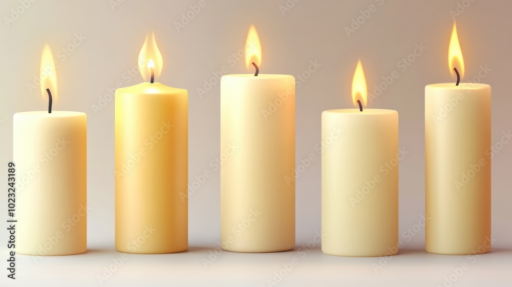 Set of burning pillar candles with soft flames on a simple white backdrop Set of burning pillar candles with soft flames on a simple white backdrop