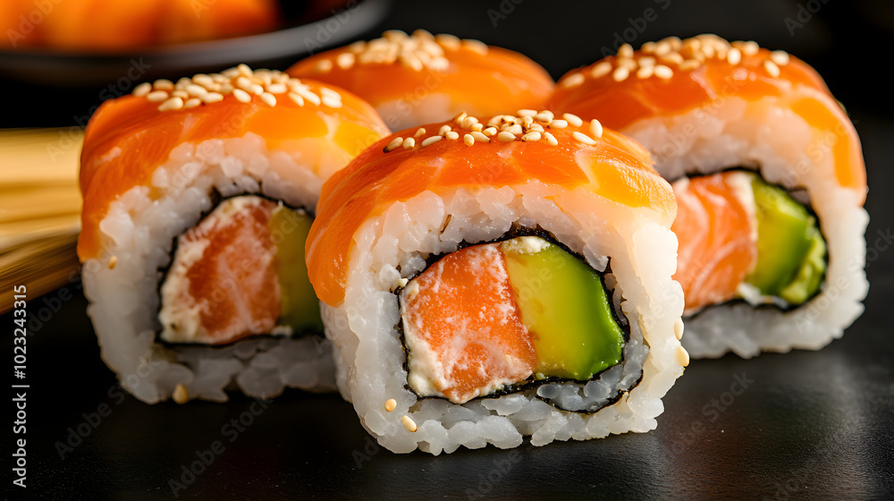 Delicious salmon sushi rolls topped with sesame seeds in a stylish setting. Delicious salmon sushi rolls topped with sesame seeds in a stylish setting.