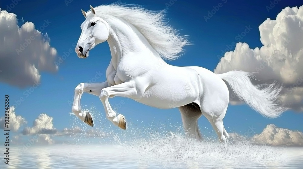 Majestic White Horse Leaping Through Blue Sky Majestic White Horse Leaping Through Blue Sky