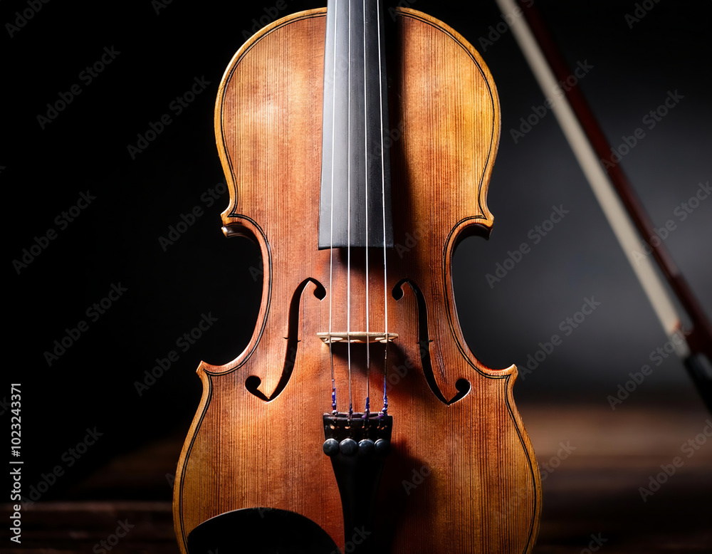 Close-Up Of A Wooden Violin Under Soft Lighting With Dark Background Close-Up Of A Wooden Violin Under Soft Lighting With Dark Background