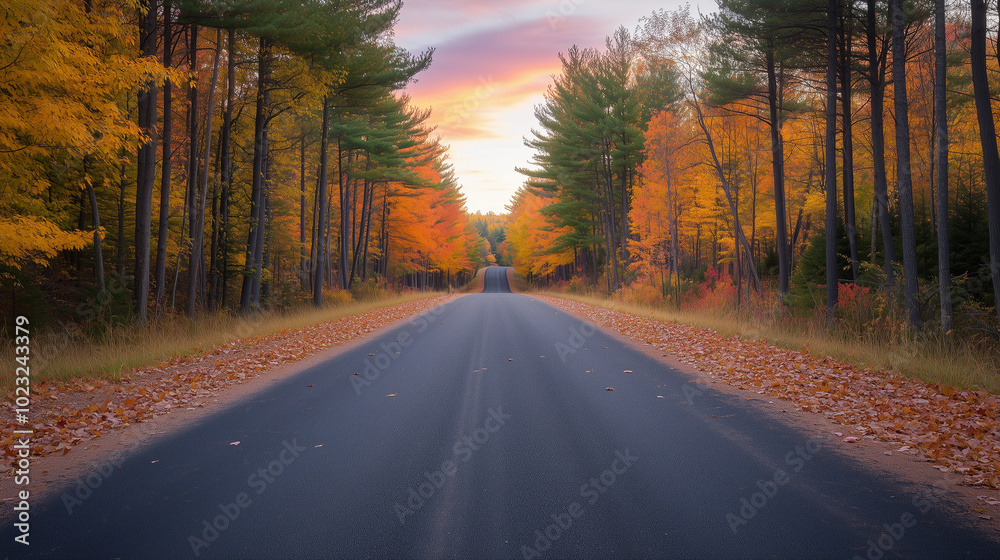 Fototapeta premium A serene autumn road lined with vibrant orange and yellow trees creates picturesque scene. peaceful atmosphere invites exploration and reflection.