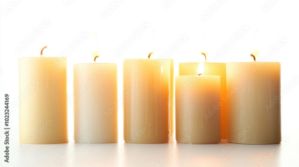 Set of softly glowing pillar candles with flames isolated on a clean white background Set of softly glowing pillar candles with flames isolated on a clean white background