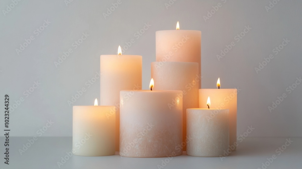 Set of softly glowing pillar candles with warm flames on a simple white background Set of softly glowing pillar candles with warm flames on a simple white background