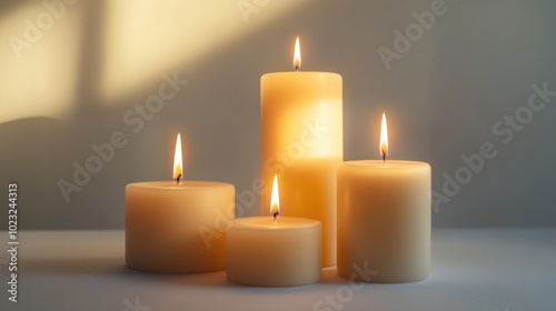 Set of softly glowing pillar candles with warm flames on a simple white background