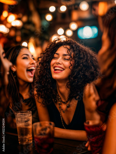 Group of female friends having fun and laughing in a drinking bar