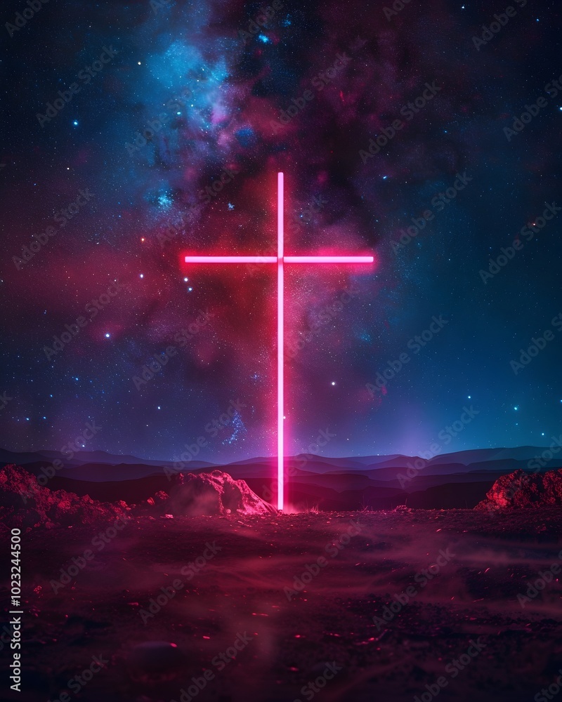 Glowing Neon Cross in Serene Starry Night Sky Symbolizing Faith and Spirituality in Modern World Glowing Neon Cross in Serene Starry Night Sky Symbolizing Faith and Spirituality in Modern World