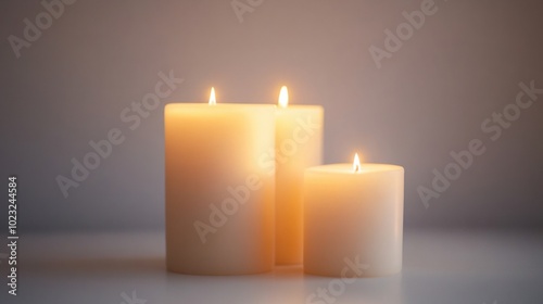 Set of softly illuminated pillar candles burning gently on a white backdrop