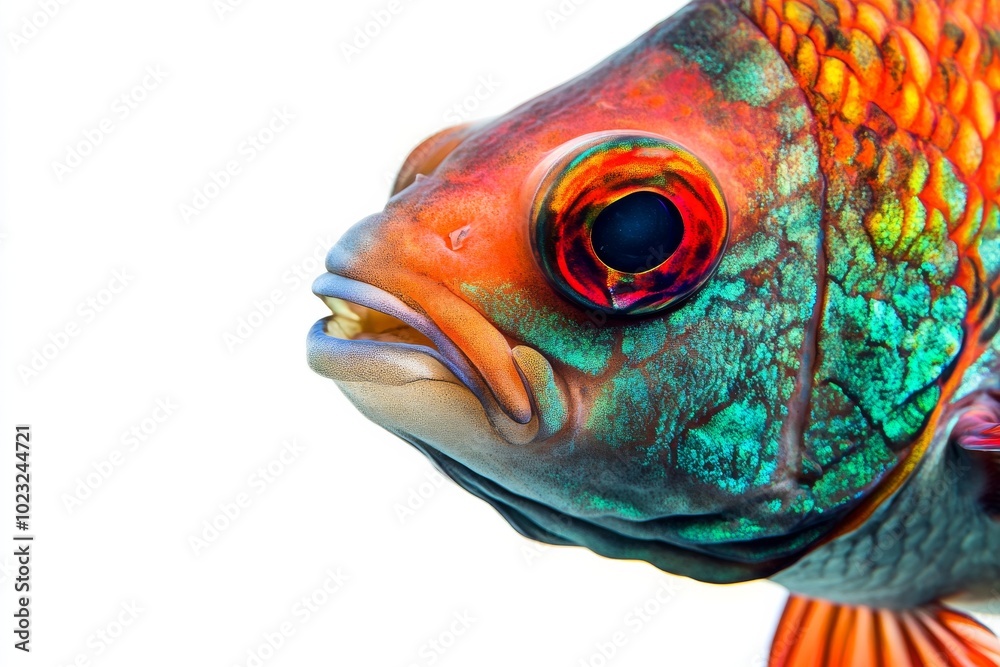 Mystic portrait of Redtail Parrotfish in studio, copy space on right side, Close-up View, isolated on white background