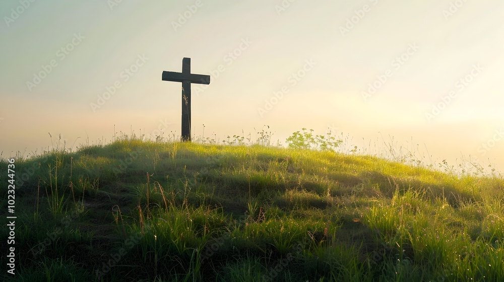 Simple Wooden Cross Standing Alone on Grassy Hill at Sunrise with Soft Light and Shadows Simple Wooden Cross Standing Alone on Grassy Hill at Sunrise with Soft Light and Shadows