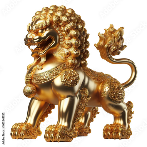 A gold chrome sculpture chinese lion full body, white background isolated PNG photo