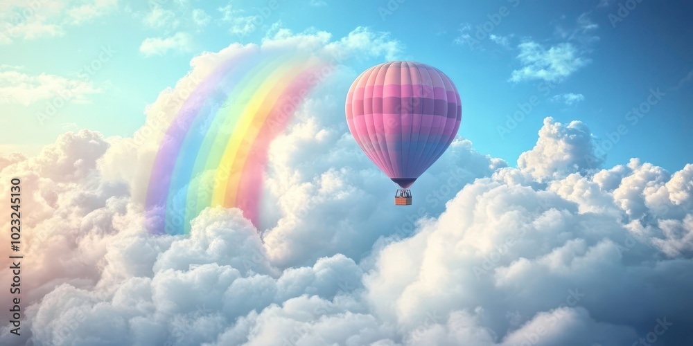 Fototapeta premium Hot air balloon floating above clouds with a rainbow in the background