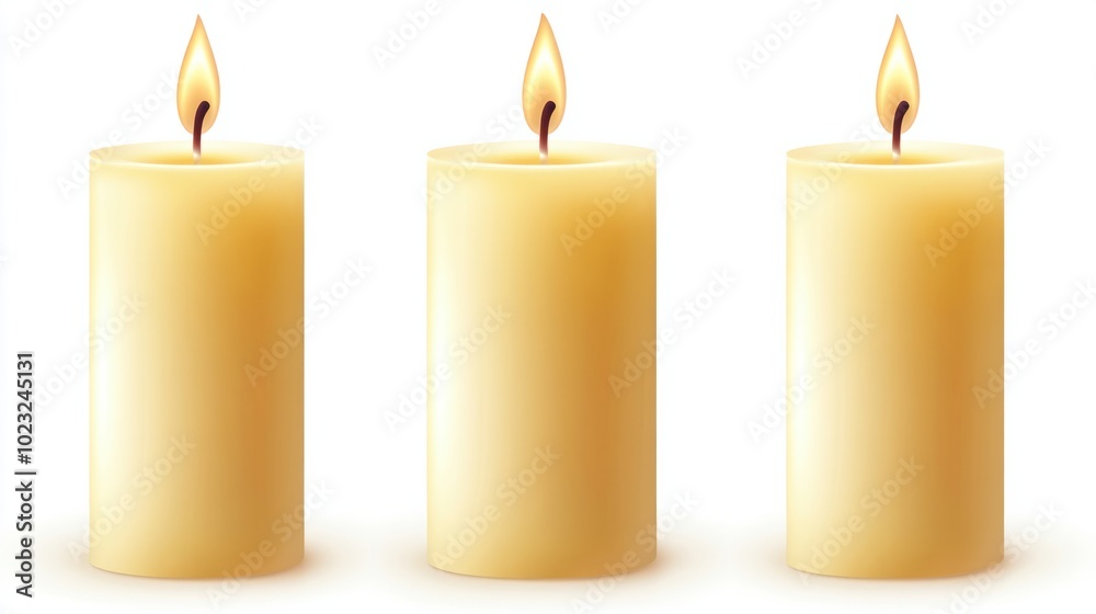 Set of three pillar candles with soft flames isolated on a white background Set of three pillar candles with soft flames isolated on a white background