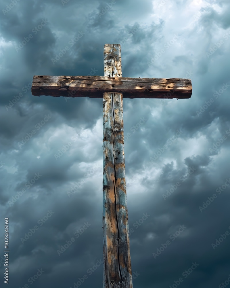 Weathered Wooden Cross Against Stormy Dramatic Sky Symbolizing Resilience in Faith Weathered Wooden Cross Against Stormy Dramatic Sky Symbolizing Resilience in Faith