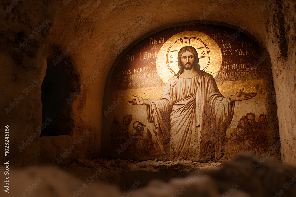 Ancient Underground Tomb Featuring an Old Wall with Jesus Portrait – Historical Religious Art Ancient Underground Tomb Featuring an Old Wall with Jesus Portrait – Historical Religious Art