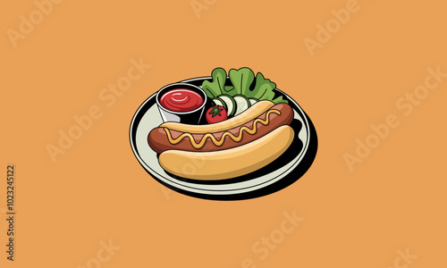 Hot dog with mustard, lettuce, and ketchup on a plate