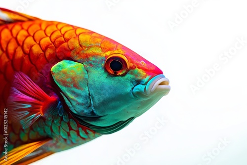 Mystic portrait of Stoplight Parrotfish in studio, copy space on right side, Close-up View, isolated on white background photo