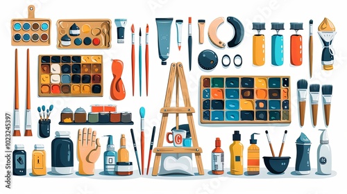 Various art tools, supplies, equipment. Mannequins hand, easel, canvas, scissors, ink, brush kit, pencil, paint palettes, oil tube, watercolor paint. Hand drawn Vector illustration. Isolated elements photo