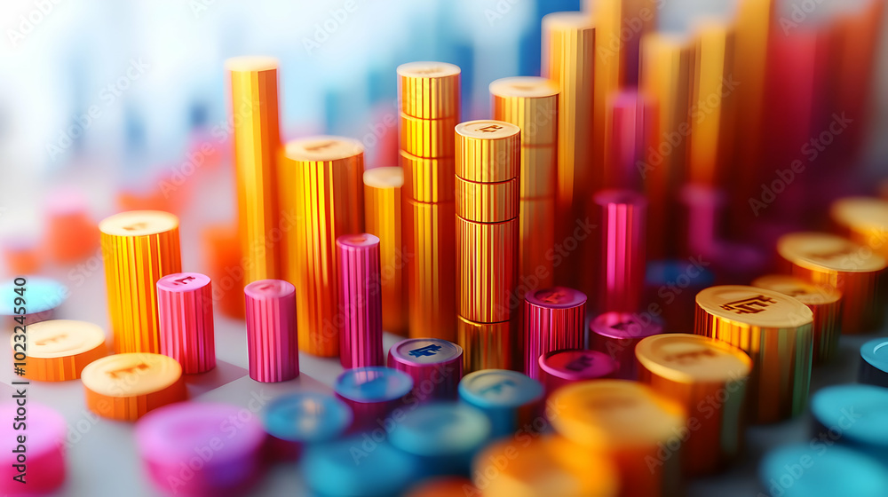 3D Icon Vector of Financial Growth Chart with Dhanteras Text on Isolated White Background, Camera Pan Across Prosperity Theme, Glossy Textures, and Vibrant Colors for Dhanteras Celebration.